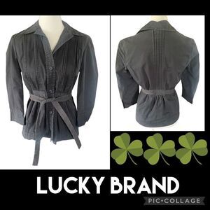 Lucky Brand Black Pleated Button Front 100% Cotton Lightweight Jacket with Belt